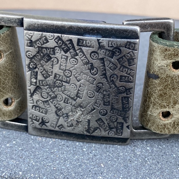 STREETS AHEAD leather belt unique green silver Love Buckle embossed hip waist L - Picture 8 of 14